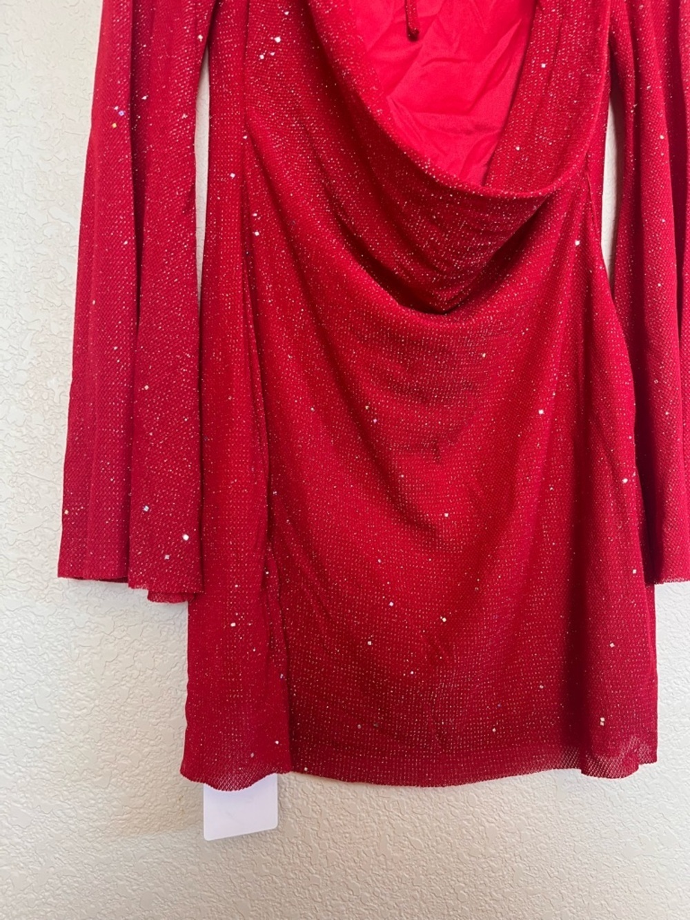 Women’s Sparkly Red Long-Sleeve Mini Dress with Open Back - Picture 7 of 12
